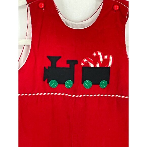 Red Corduroy Train Applique‎ Overalls Size 4T By Funtasia! Too - Picture 2 of 7